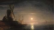 Ivan Aivazovsky A windmill overlooking a moonlit bay France oil painting artist